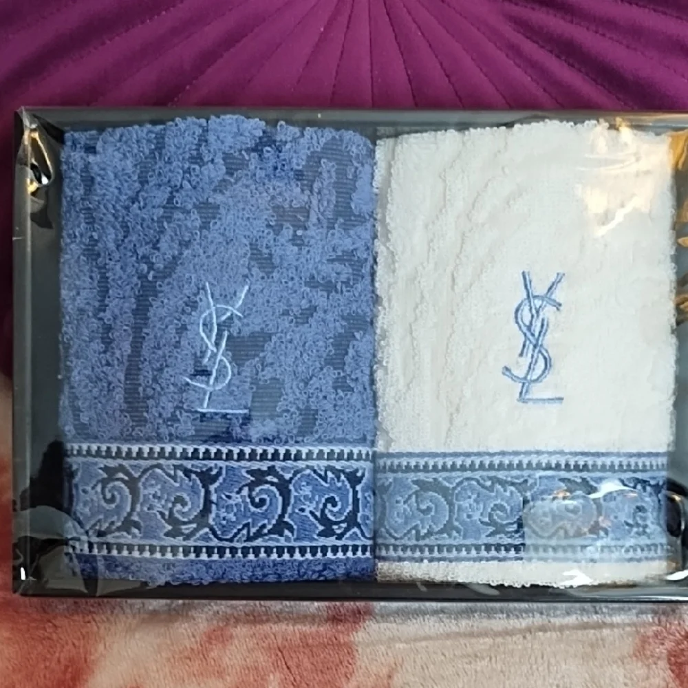 Yves Saint Laurent Blue and White Monogram Face Cloth Duo